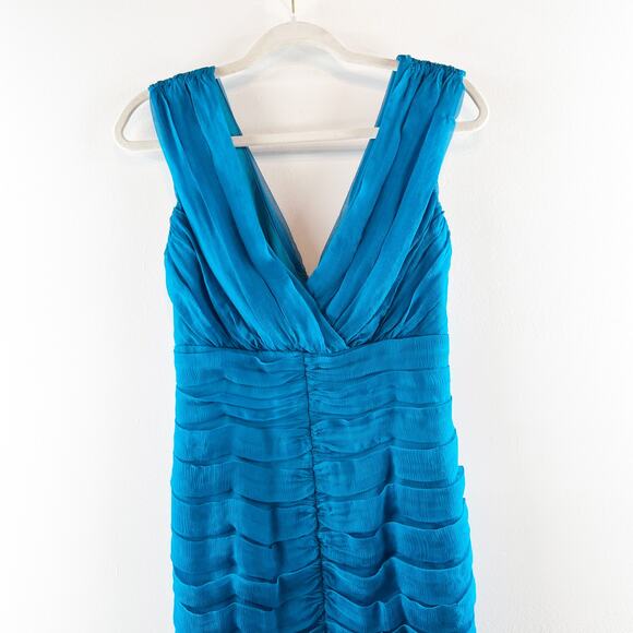 Tadashi Collection Silk Layered V Neck Knee Length Teal Blue Dress 4 - Picture 7 of 9